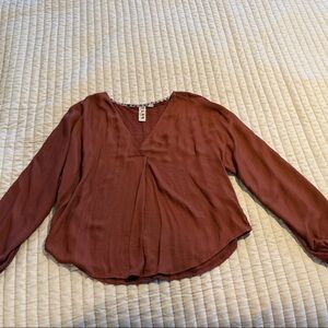 Burnt Orange Flowy Long-Sleeve V-Neck Blouse